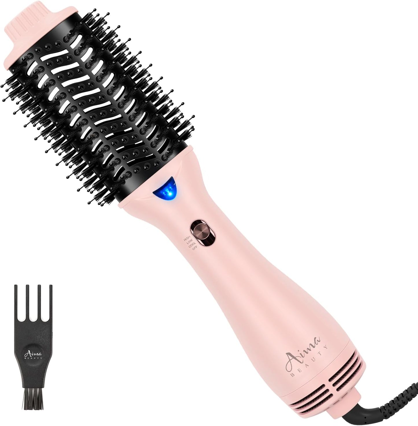 Aima Beauty Blow Dryer Brush front view showcasing the pink oval barrel styling tool.