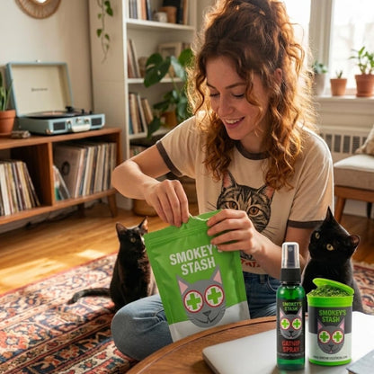 Organic feline essential oil mist packaging highlighting safety instructions and manufacturing details