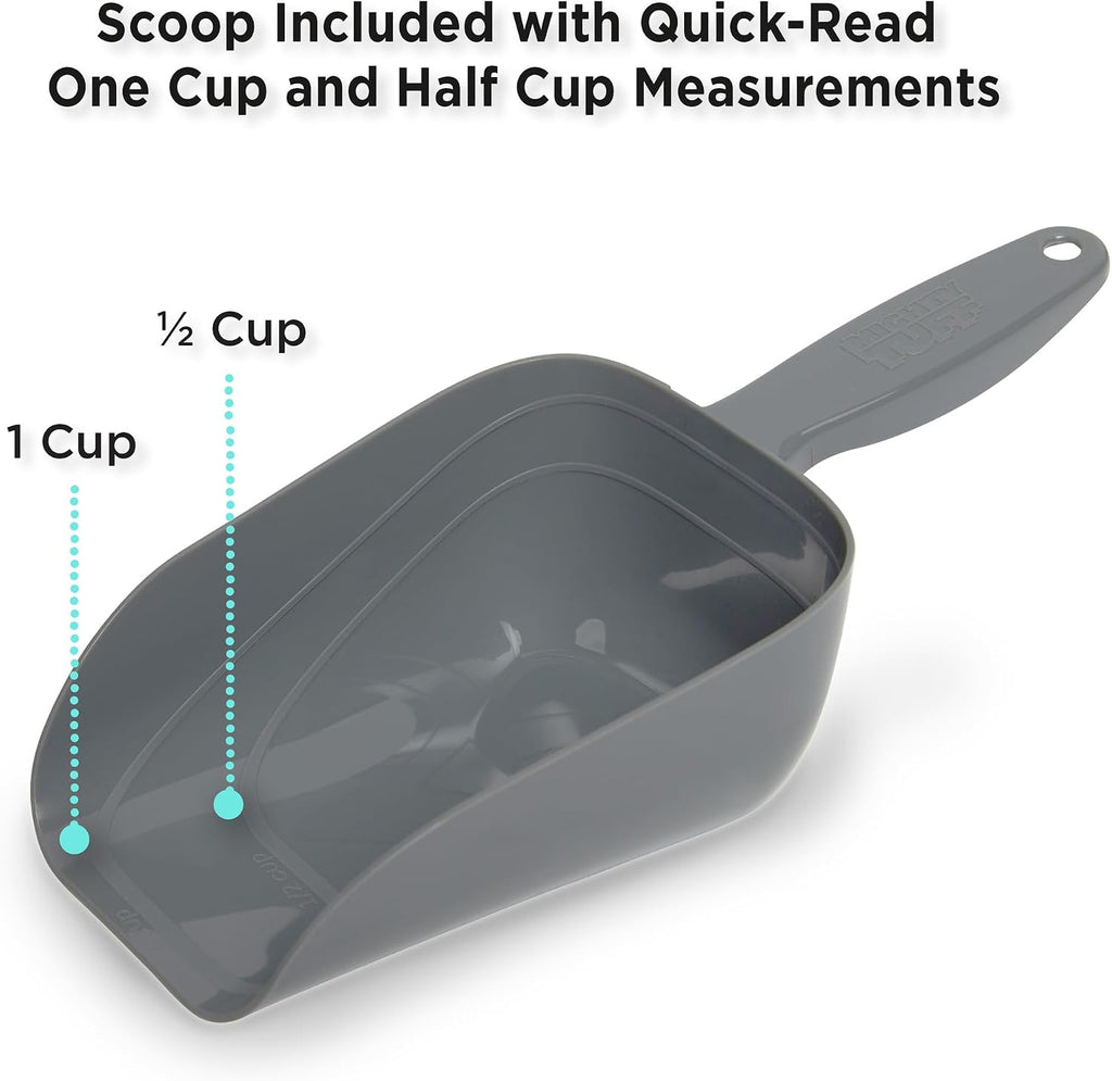 Side profile of Mighty Tuff pet food container showing handles