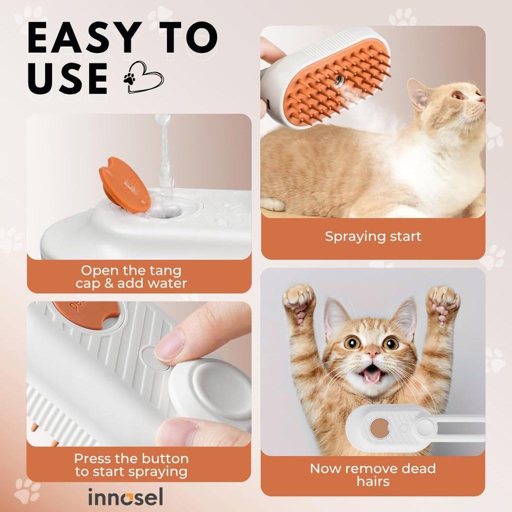 Innosel steamy pet brush being used to groom a long haired indoor cat