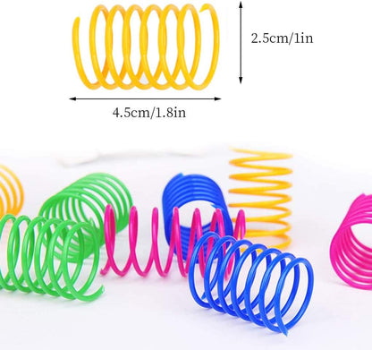 Close up view of multi colored flexible plastic spring toys for indoor kittens