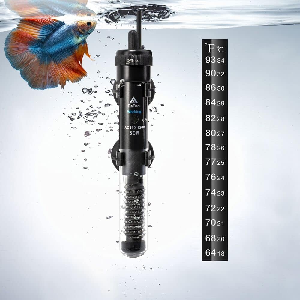 DaToo 50W aquarium heater front view in packaging