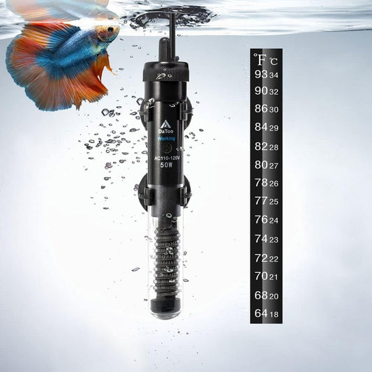 DaToo 50W aquarium heater front view in packaging