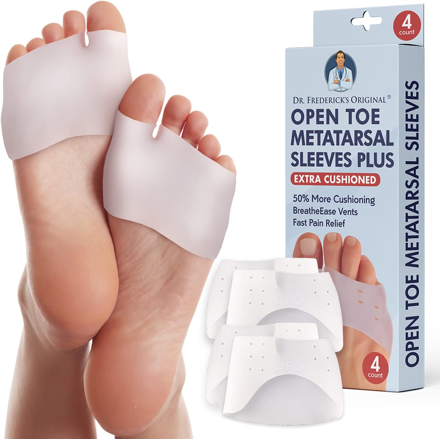 Dr. Frederick's Original Metatarsal Sleeves Plus front view showing thick gel padding.