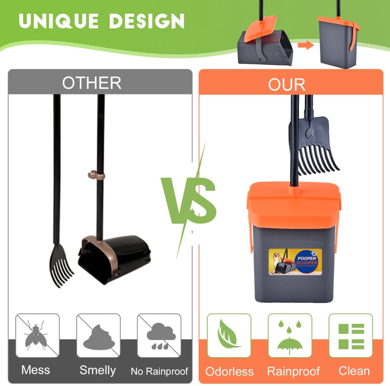 Ilongood dog waste picker rake and bin close up demonstrating the surface cleaning mechanism.