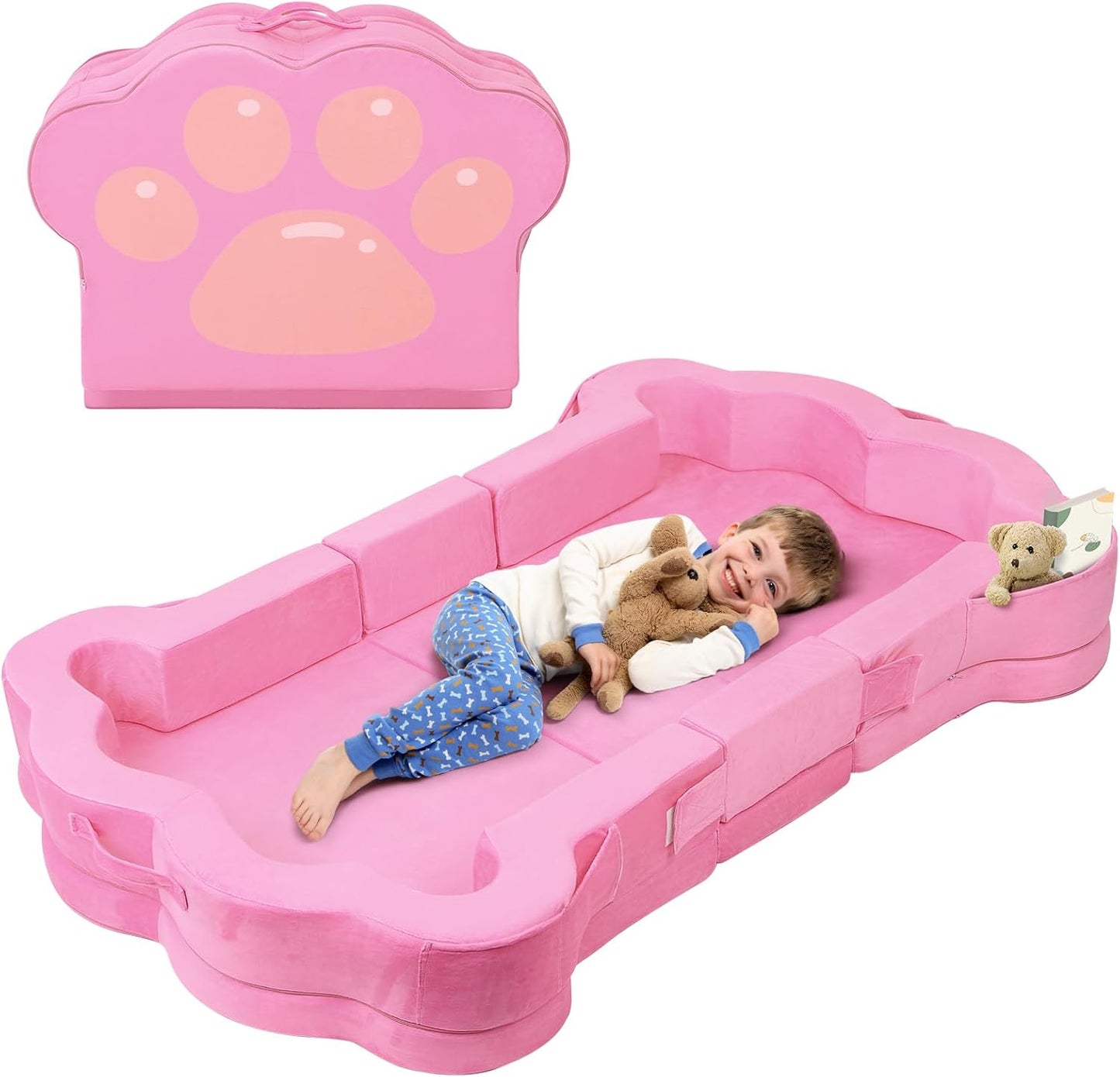 Whiffee foldable portable toddler travel bed front view in pink Dutch velvet fabric