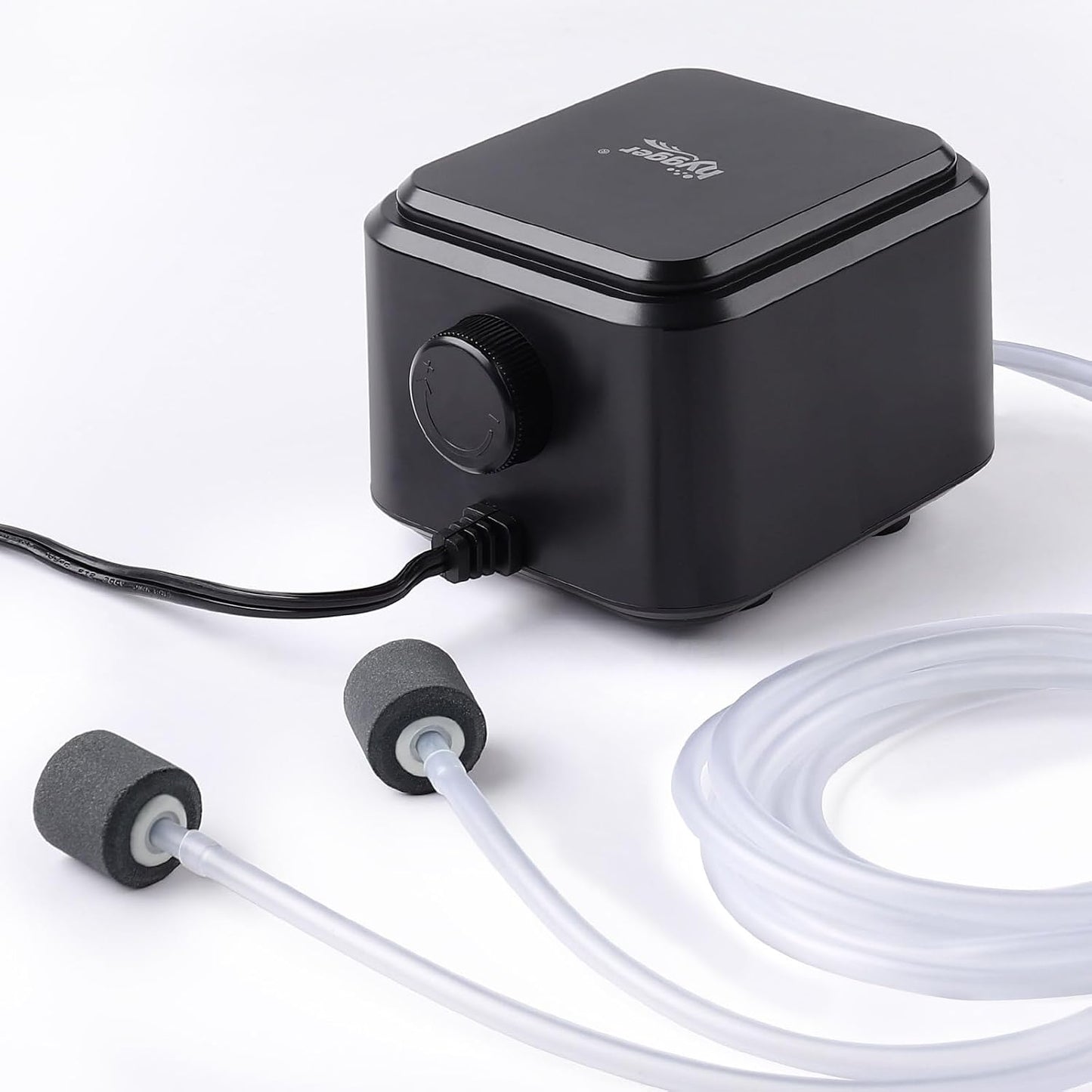 Hygger quiet aquarium air pump front view showing adjustable control knob