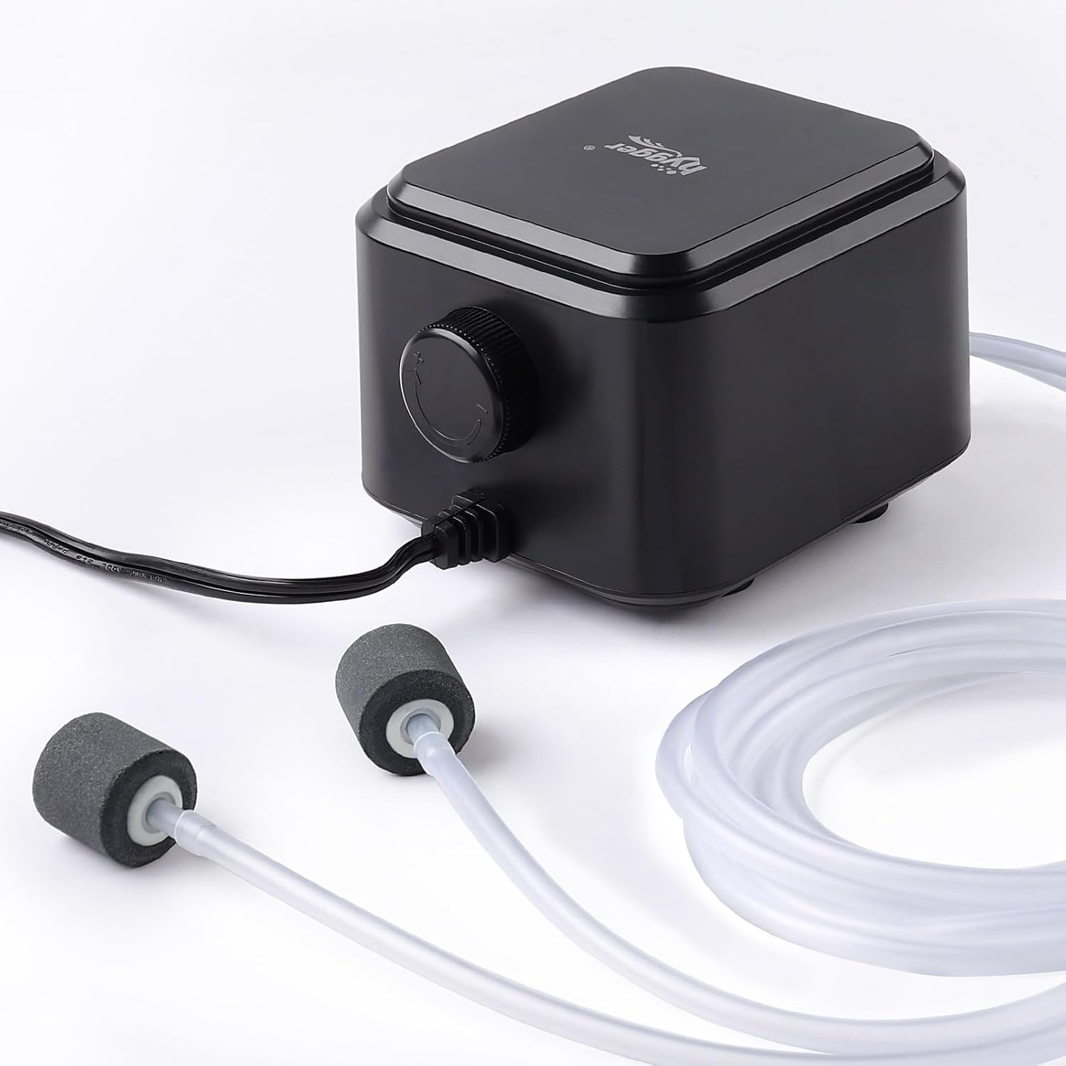 Hygger quiet aquarium air pump front view showing adjustable control knob