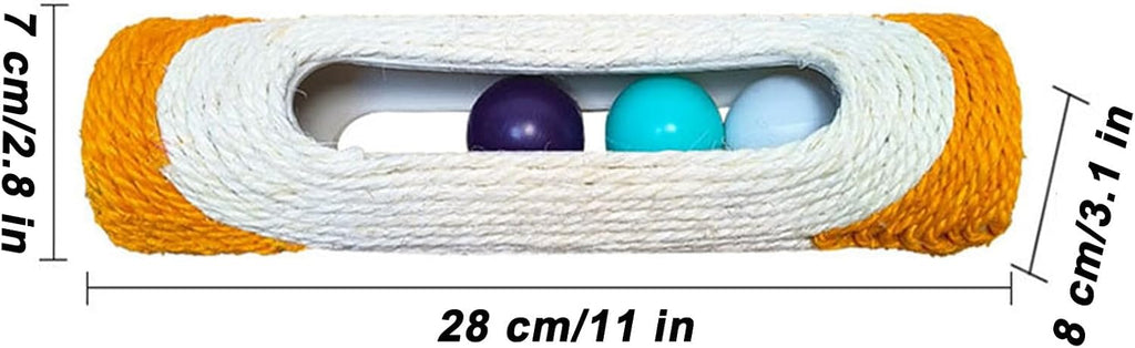 MooGlamor cylindrical cat scratcher interactive barrel packaging details and product dimensions.