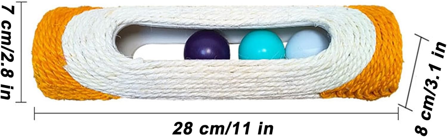 MooGlamor cylindrical cat scratcher interactive barrel packaging details and product dimensions.