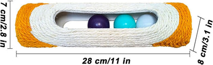 MooGlamor cylindrical cat scratcher interactive barrel packaging details and product dimensions.