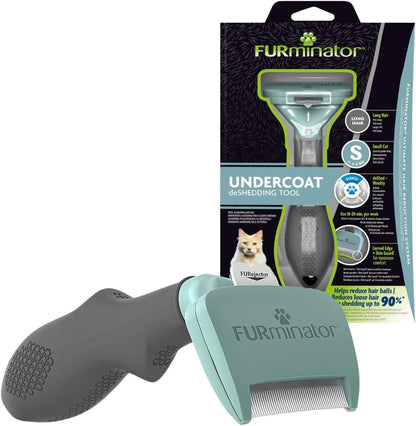 Diagram showing Furminator tool removing undercoat from long hair cat
