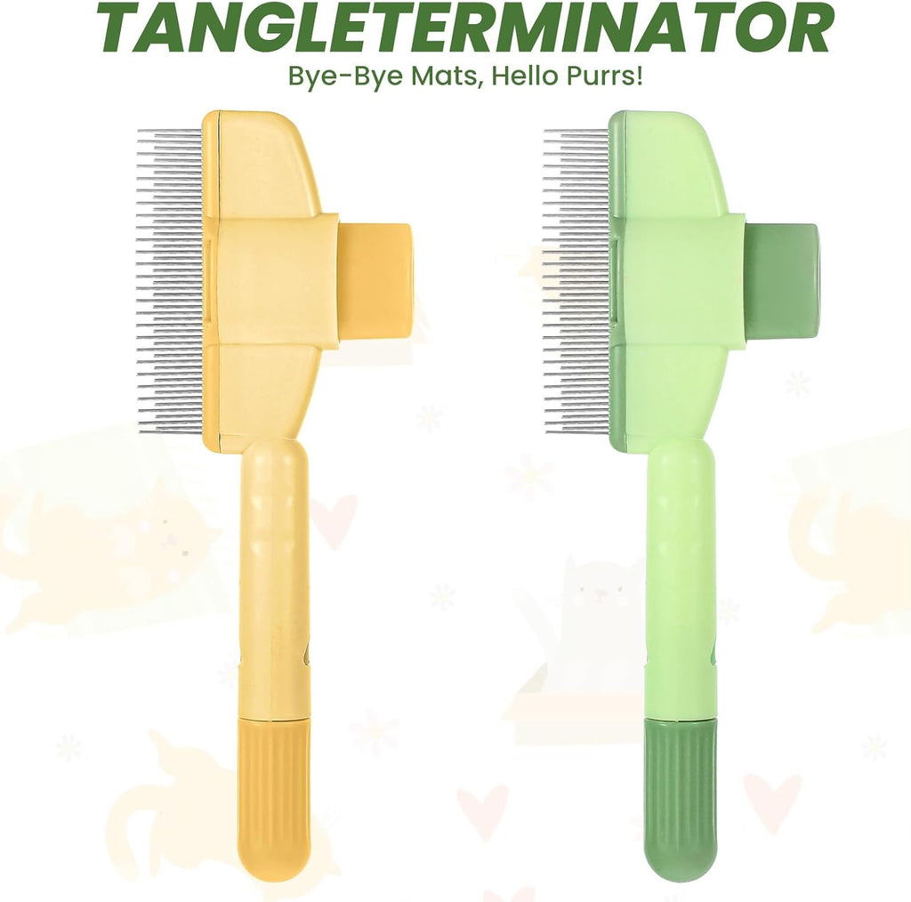 Packaging layout of the two pieces yellow and green pet hair removal tool.