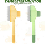 Packaging layout of the two pieces yellow and green pet hair removal tool.