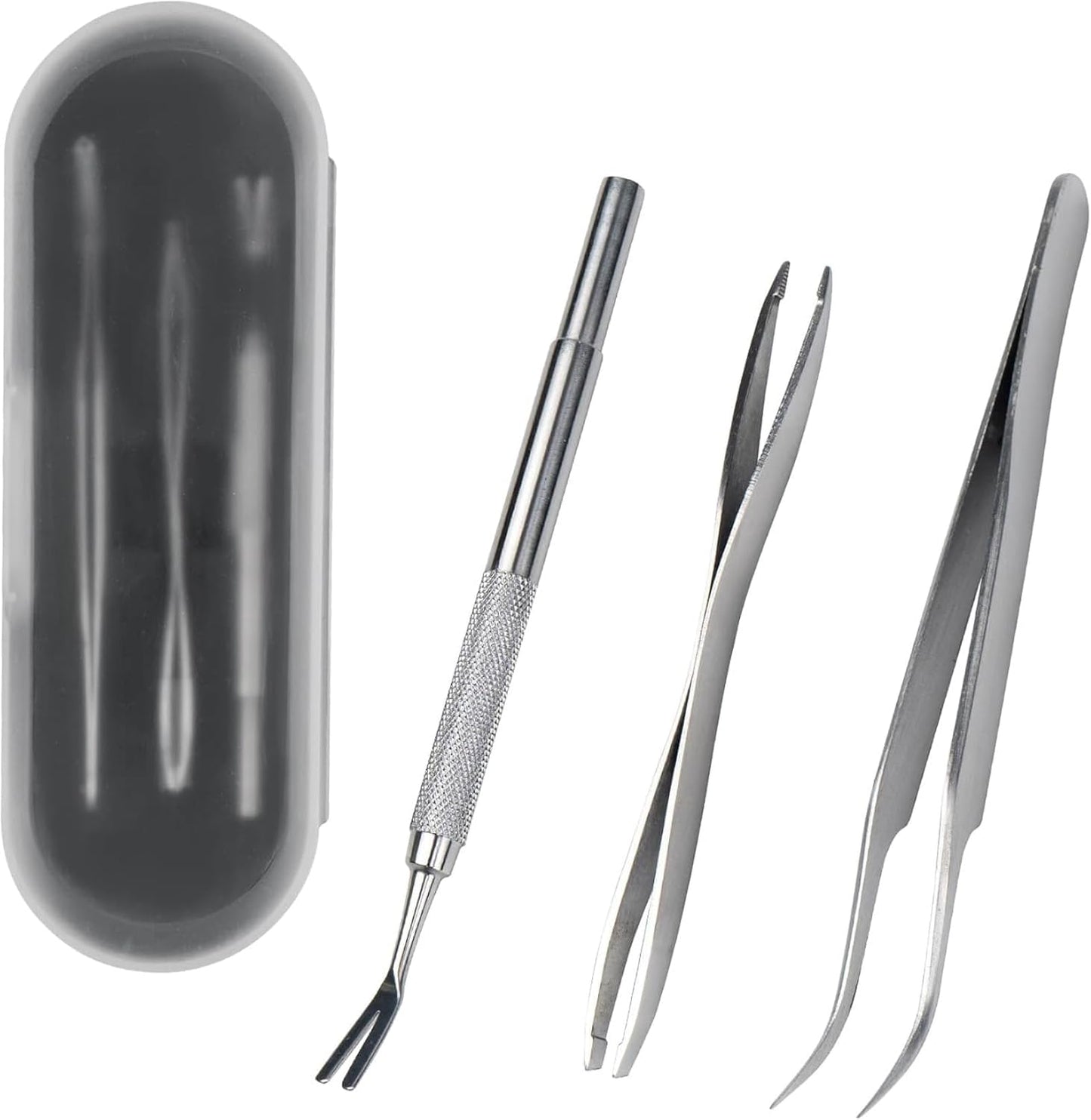 Swyzy stainless steel tick remover kit with tweezers and V-shaped tool in storage case