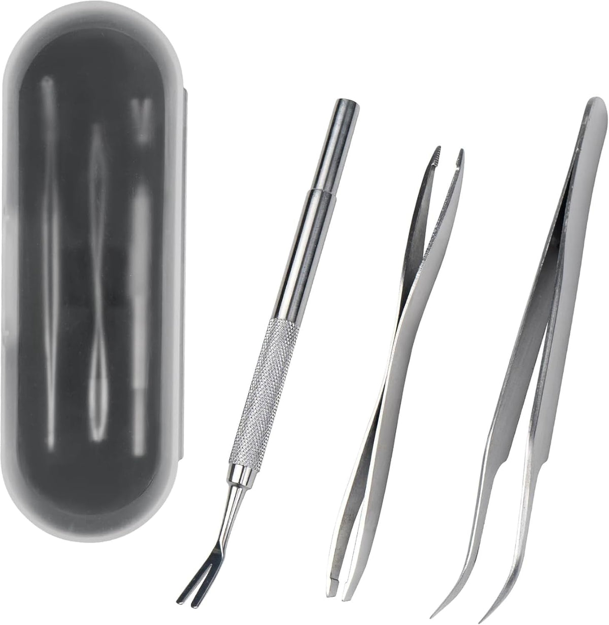 Swyzy stainless steel tick remover kit with tweezers and V-shaped tool in storage case