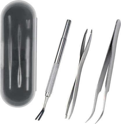 Swyzy stainless steel tick remover kit with tweezers and V-shaped tool in storage case
