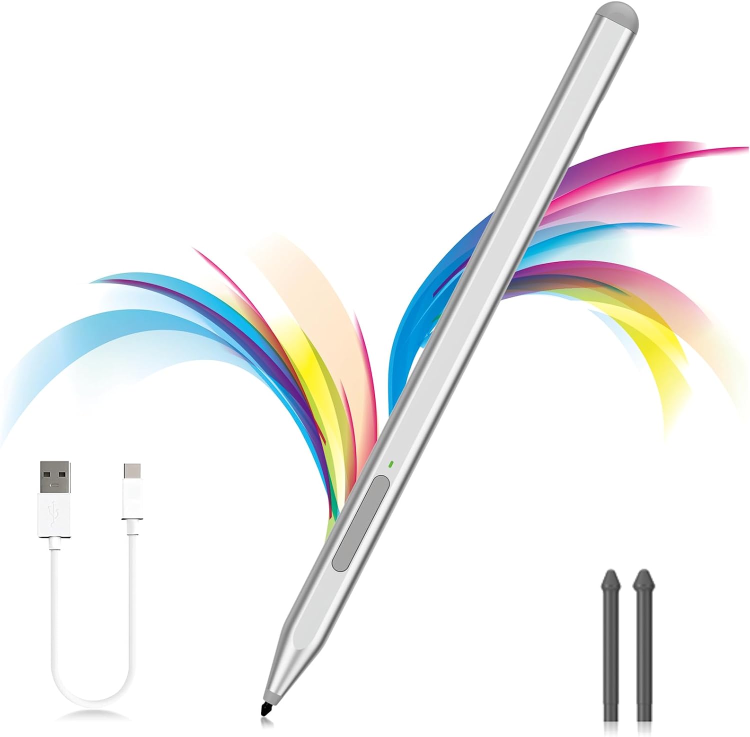 Milikilo stylus pen for Microsoft Surface front view showing silver aluminum-alloy body and dual side buttons.