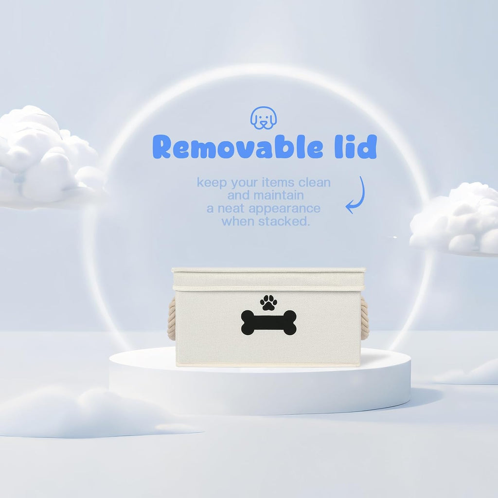 Collapsible dog toy box with removable lid displayed