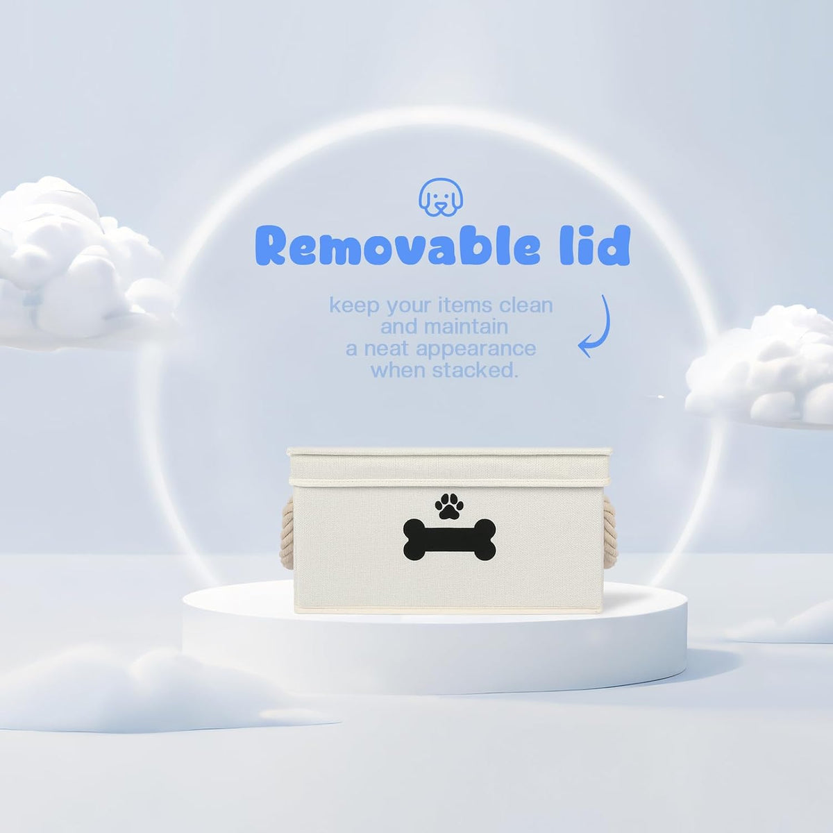 Collapsible dog toy box with removable lid displayed