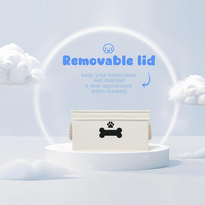 Collapsible dog toy box with removable lid displayed