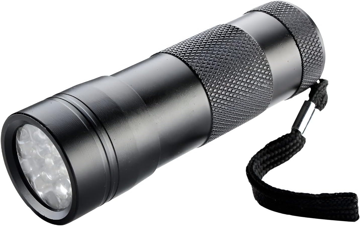 Handheld inspection blacklight torch revealing hidden pet urine stains on a domestic carpet.