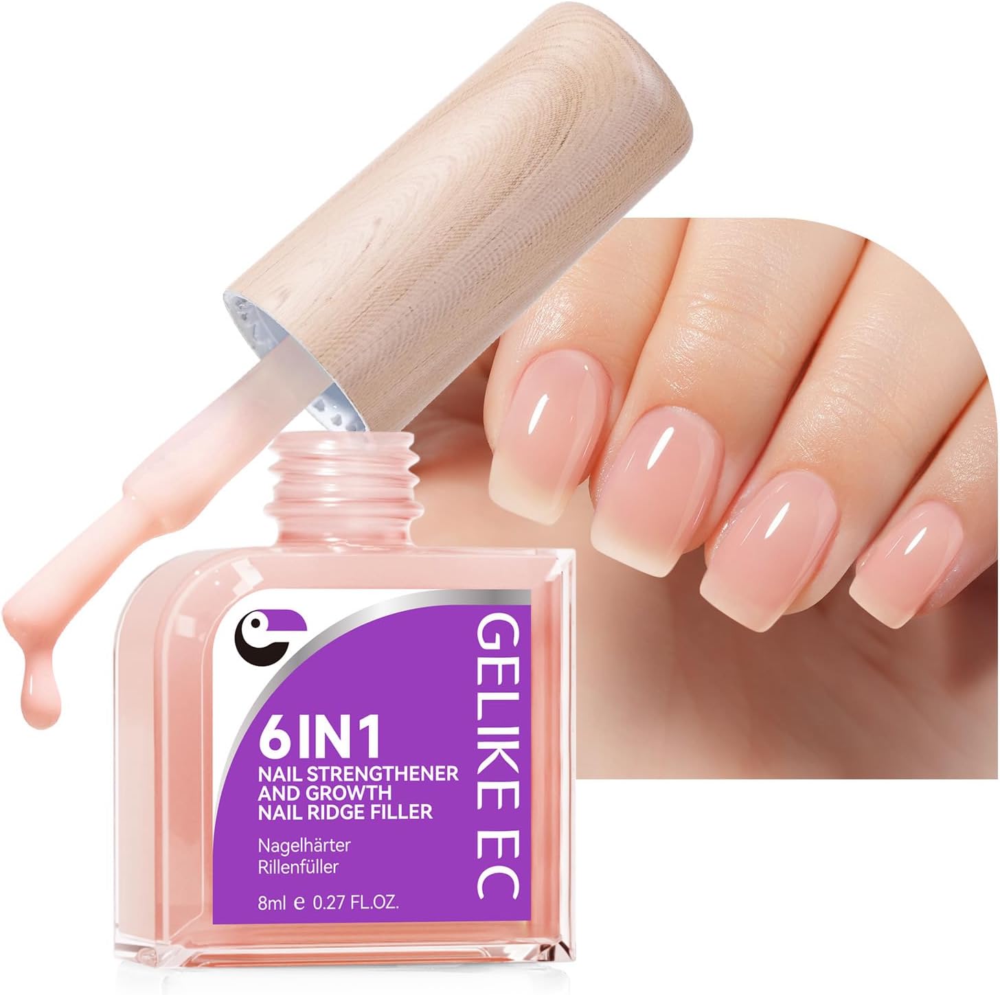 Gelike EC Nail Growth Strengthener for Woman: Nude Blush 6 in 1 Natural Nail Hardener Extra Strong and Growth - Nail Polish Hardener for Weak and Damaged Nails - Image 1