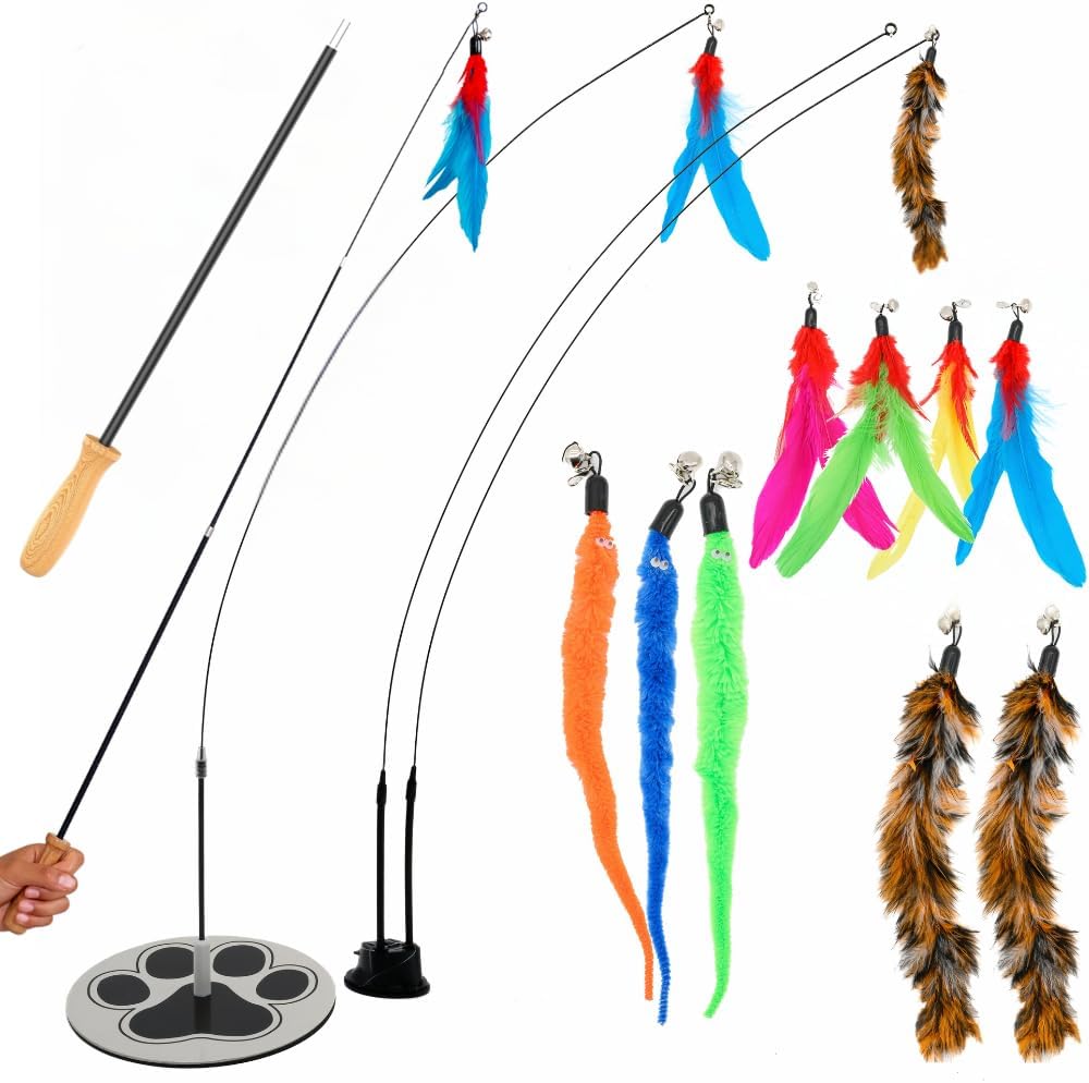 18-Piece Interactive Cat Toys for Indoor Cats, Cat Stuff Heavy Duty Self-Holding Floor Base & Suction Cup - Durable Feather Wand Bird Simulation Self Play Kitten Toys for Bored Adult Cats Juguete Gato - Image 11