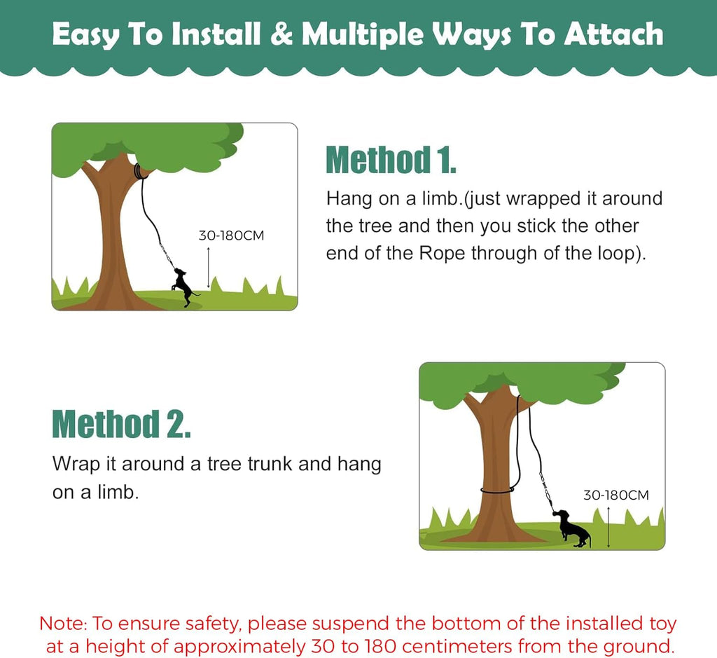Large dog engaging in solo exercise by jumping and grabbing the adjustable tree tugger rope toy