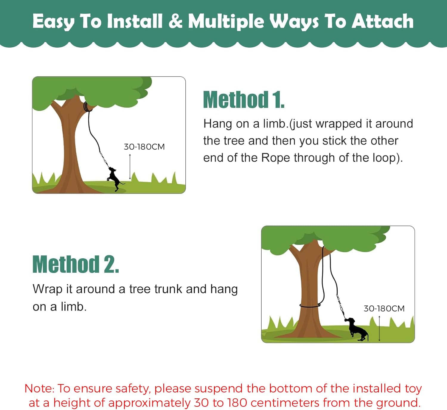 Large dog engaging in solo exercise by jumping and grabbing the adjustable tree tugger rope toy