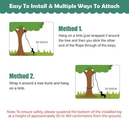 Large dog engaging in solo exercise by jumping and grabbing the adjustable tree tugger rope toy