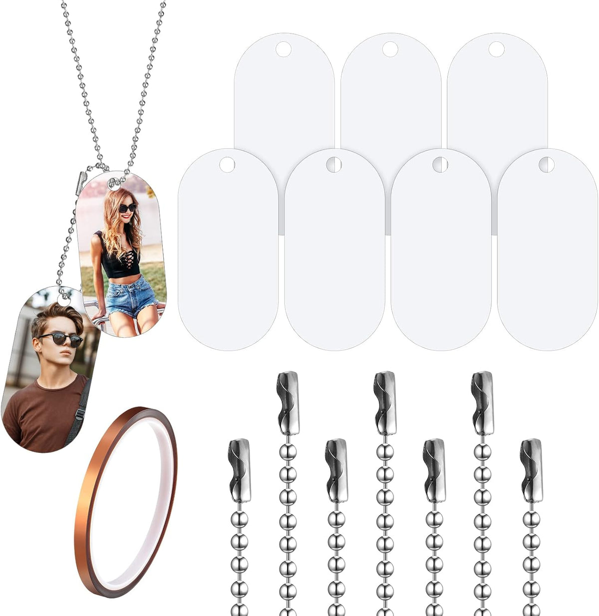 Hicarer sublimation blank dog tags kit front view showing aluminum blanks and chains.