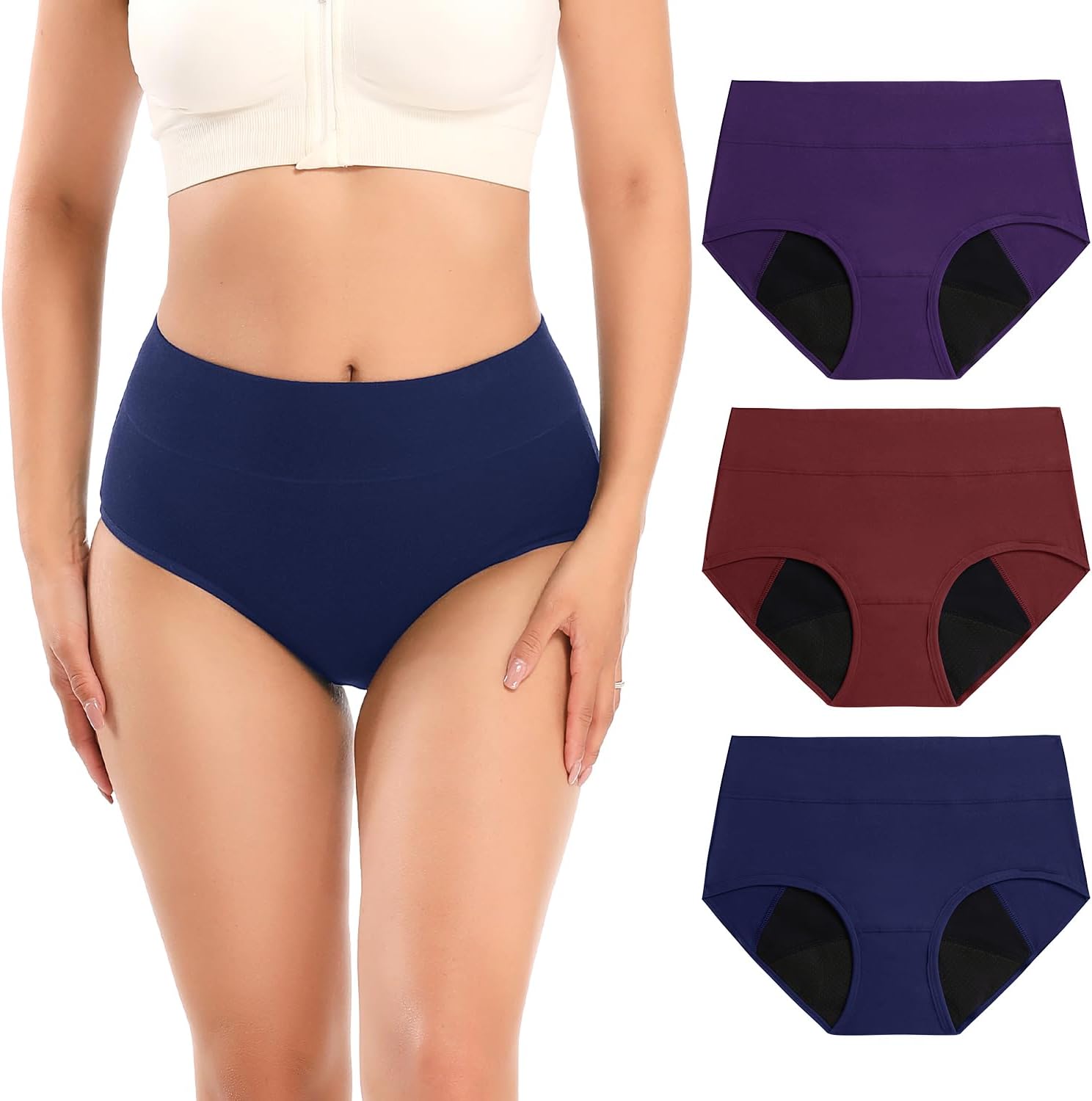 Molasus Incontinence Underwear For Women three pack in assorted colors showing high waist design
