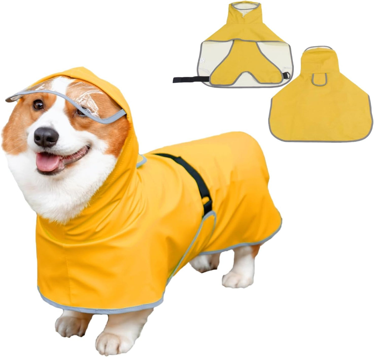 Luccalily dog poncho hooded raincoat front view on medium yellow dog jacket