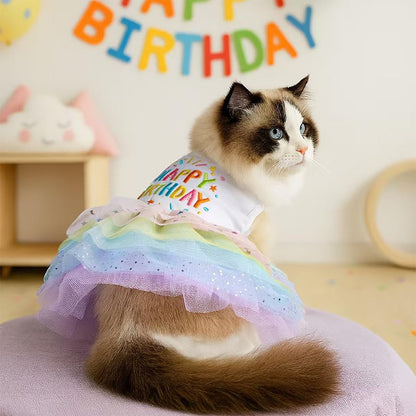 Colorful small dog birthday dress with rainbow tulle skirt back view