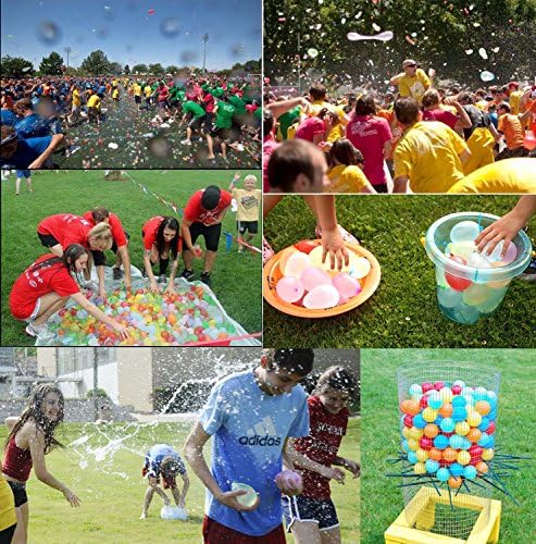 Large storage bucket filled with prepared colorful latex water balloons ready for a summer game
