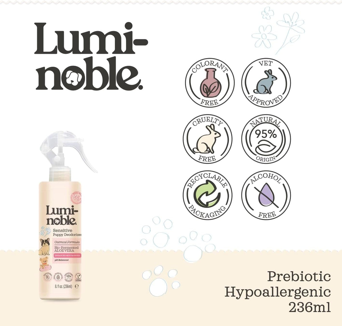 Lumi-Noble pet odor neutralizer bottle in a home grooming setting