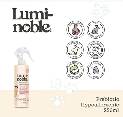 Lumi-Noble pet odor neutralizer bottle in a home grooming setting