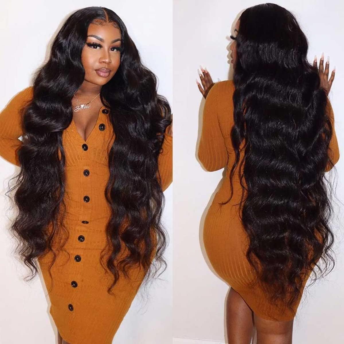 Uveous 28 inch wear and go glueless human hair wig front view showcasing long black body waves