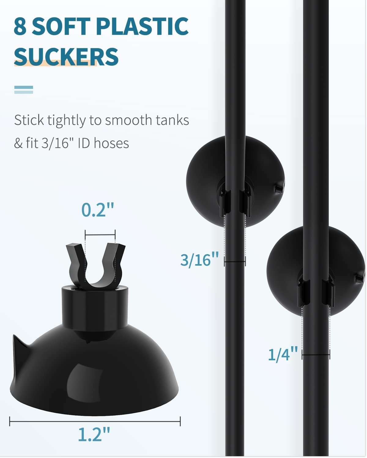 Eight aquatic suction cups with clips attached to standard fish tank airline tubing.