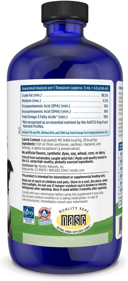 Nordic Naturals unflavored fish oil for large dogs bottle displaying the nutritional information label.