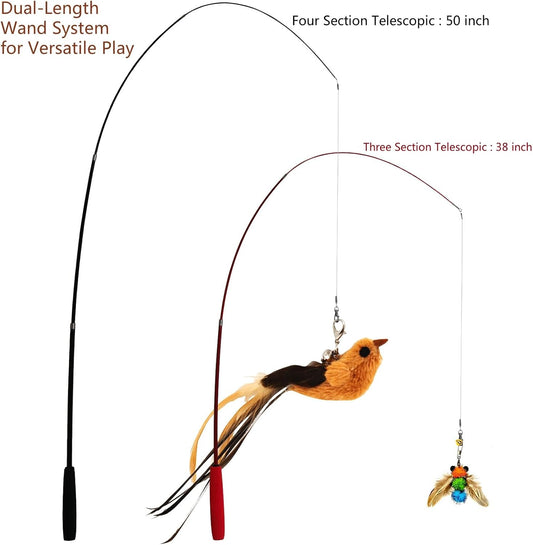 Premium retractable cat fishing pole toy showing the extended thirty-eight inch and fifty inch wands.