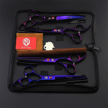 Professional groomer using Purple Dragon thinning shears on dog fur