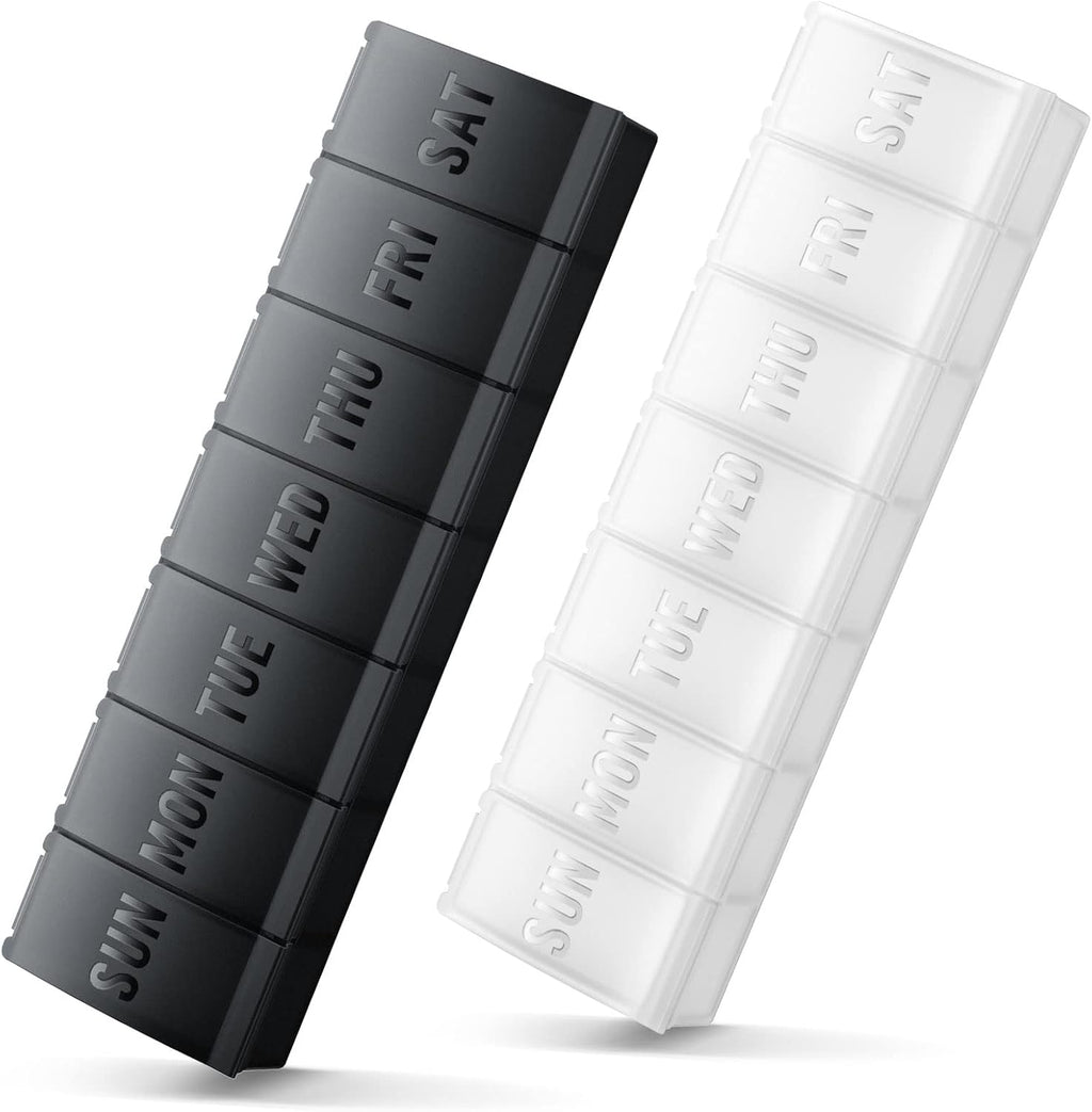 INZOO large weekly pill organizer two pack front view containing black and white cases.