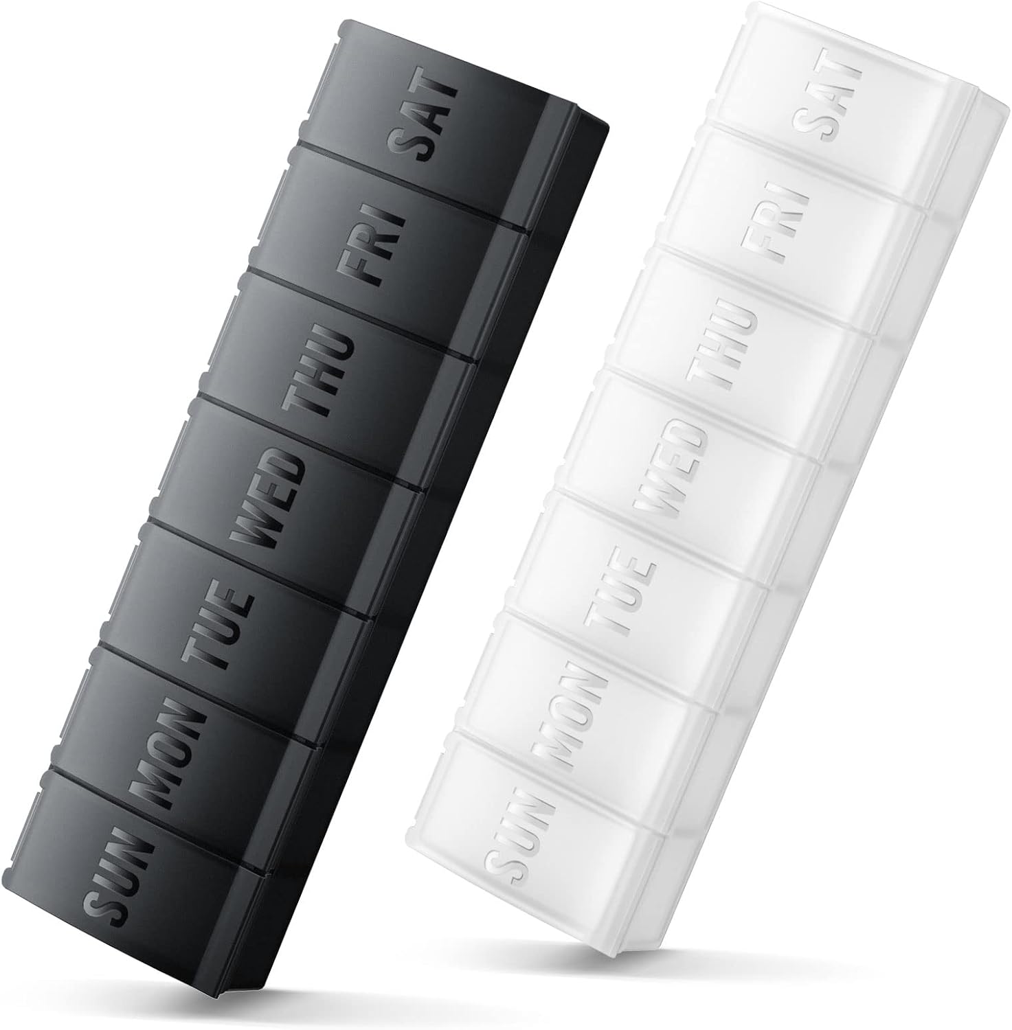 INZOO large weekly pill organizer two pack front view containing black and white cases.
