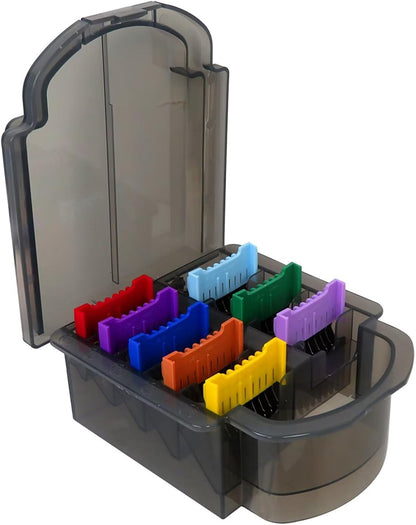 Eight color coded stainless steel clipper guards arranged neatly inside a translucent storage box