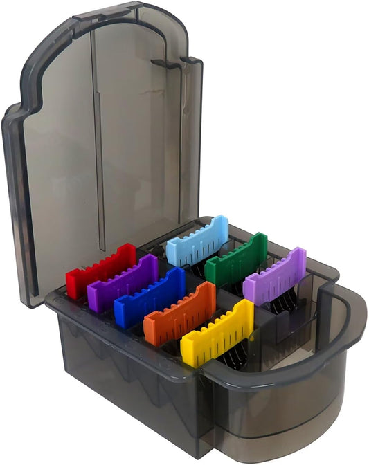 Eight color coded stainless steel clipper guards arranged neatly inside a translucent storage box