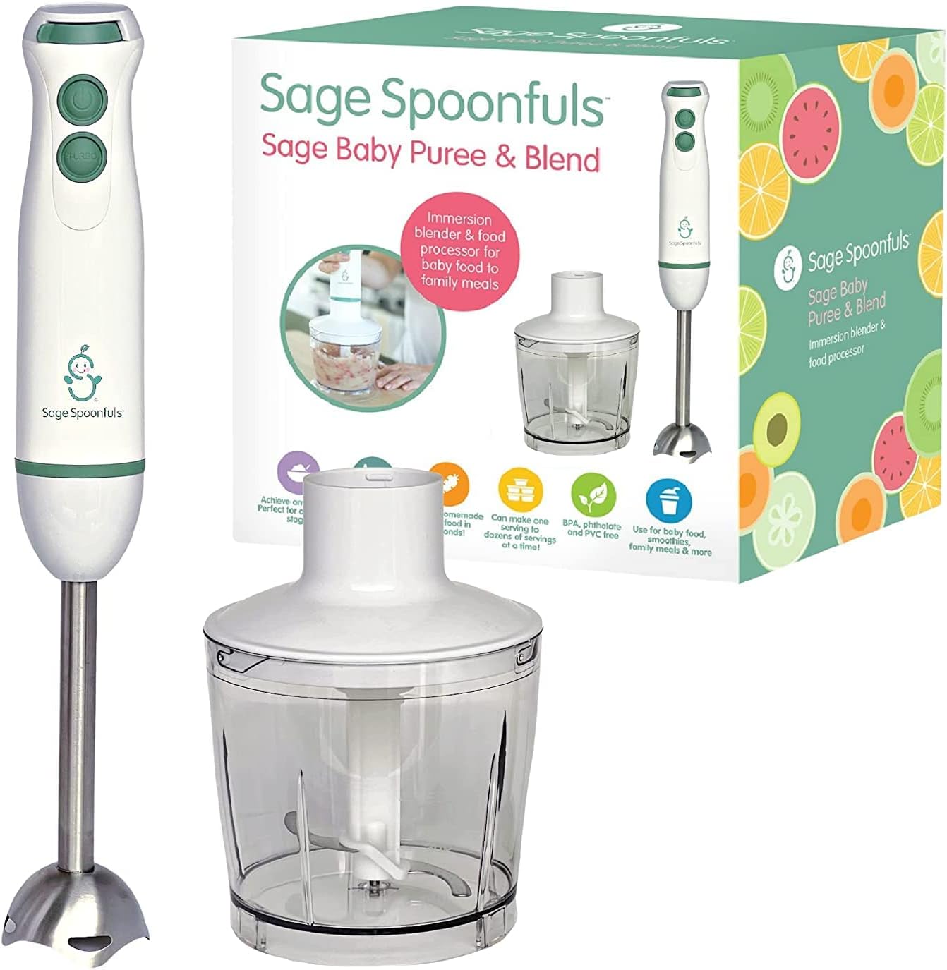 Sage Spoonfuls baby food maker front view with immersion blender and food processor attachments