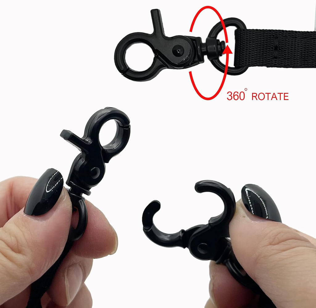 Black nylon double dog coupler showing attachment compatibility with both collars and harnesses.
