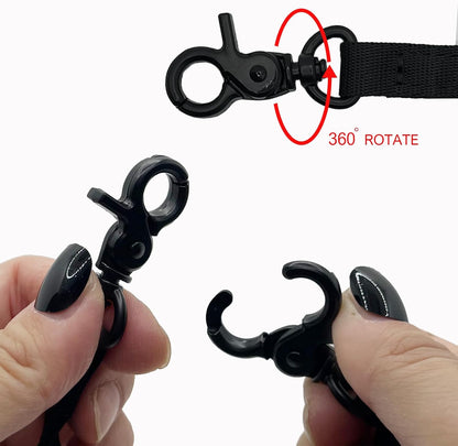 Black nylon double dog coupler showing attachment compatibility with both collars and harnesses.